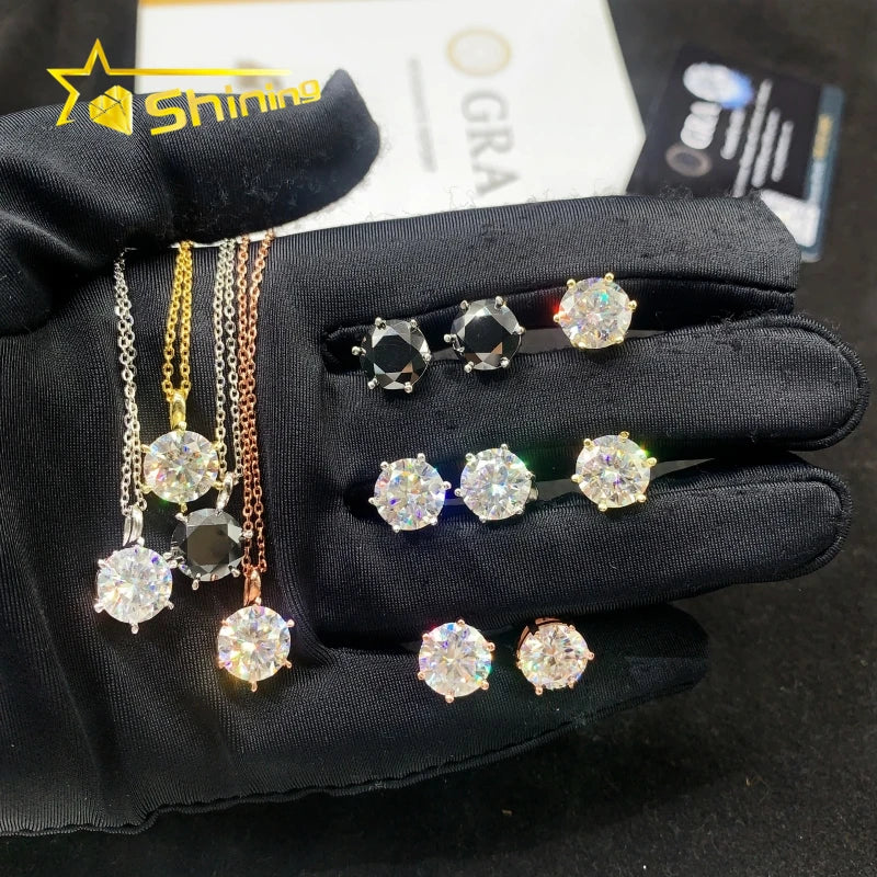 Women Fine Jewelry Sterling Silver Classic 6 Prongs Round Moissanite Stud Earrings Necklace Iced Out Fashion Jewelry Sets