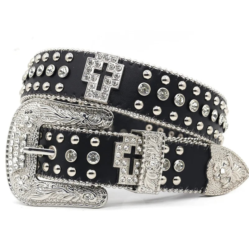 Men Women Rhinestone Belt Western Luxury Strap Studded Cross Diamond Belt Fashion Cowboy Cowgirl Bling Belts