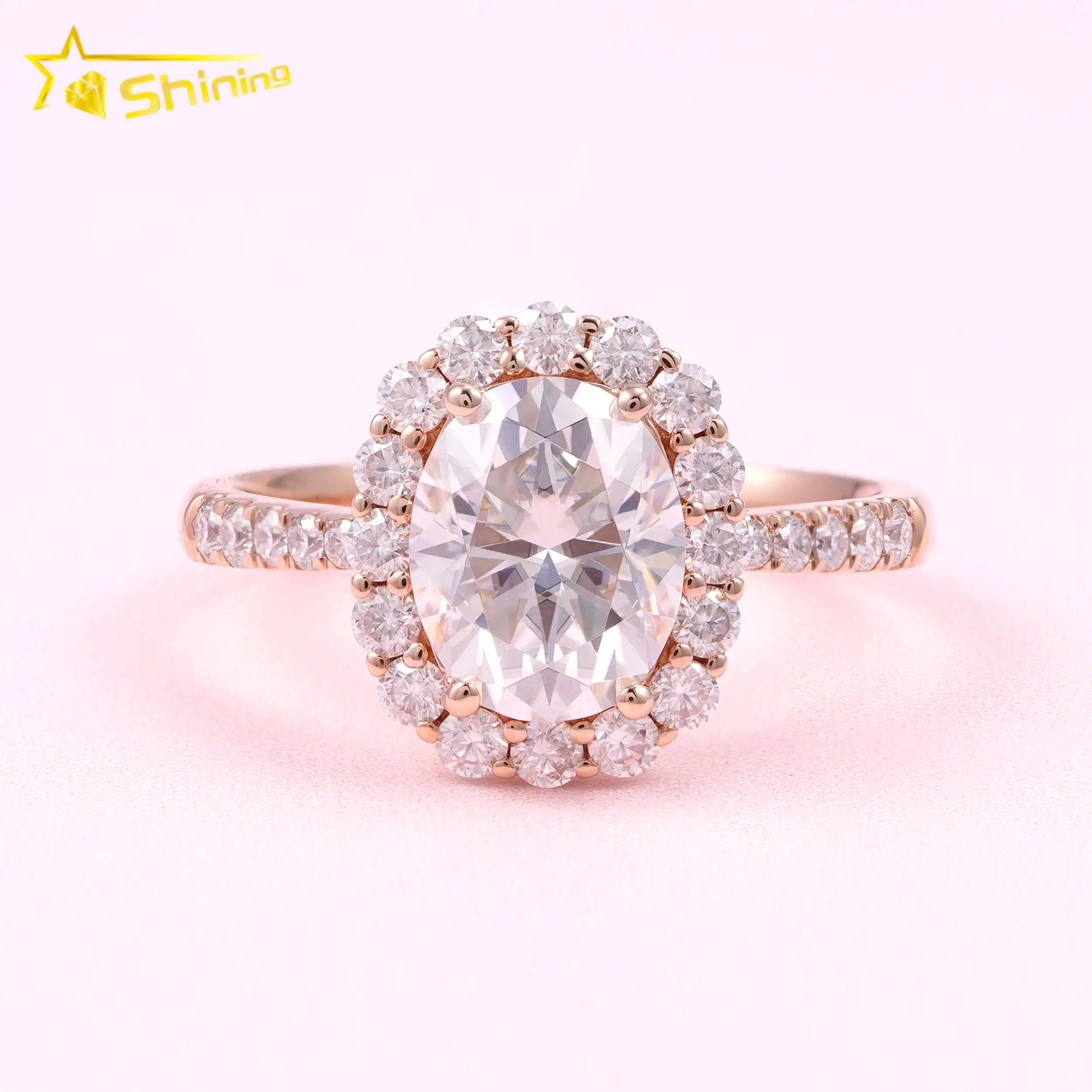 Pass Diamond Tester Luxury 2 Carat Rose Gold 14K Real Gold Oval Moissanite Engagement Ring