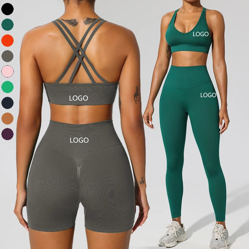 XW-059+061+062 3 Pieces High Waisted Scrunch Shorts Workout Leggings Backless Cross Gym Bra Training Women's Sportswear for Gym