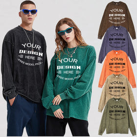 OEM&OEM DOVEARK Brand Heavy Weight Drop Shoulder 250G Vintage Wash Water Made Old Batik Unisex Men Long Sleeve T-shirt
