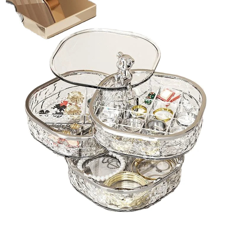 Rotating 3-Layer PET+ABS Jewelry Box Transparent Band Partition High-end Exquisite Storage for Earring Hairpin Ring (1-3L