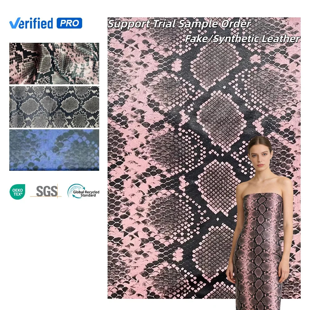 Fashionable Hot Selling New Product Snake Pattern Pu Leather 4ways Spandex Fabric Pu Leather for Garments