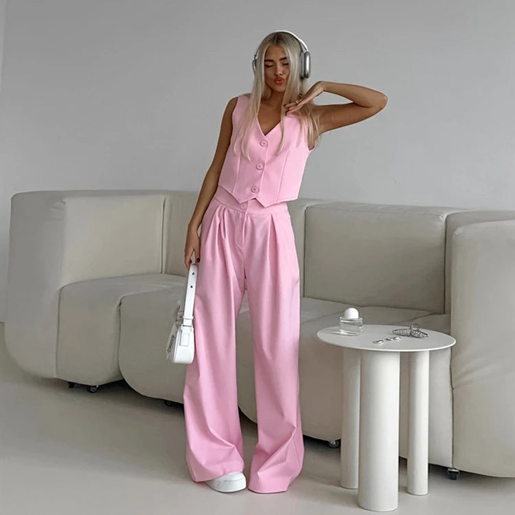 Enyami Summer Women Street Wear Sleeveless Suit V-neck Waistcoat Vest Tops Wide Leg Pants Casual Loose 2 Piece Set