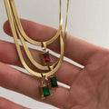 MICCI Women's 18K PVD Gold Necklace Clear Emerald Hot Pink Black Pendant Snake Chain Herringbone Wholesome Stainless Zircon