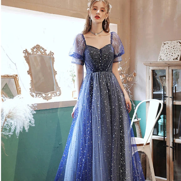 2022 New Arrival Bubble Sleeve Nebulas Blue Ball Gown Evening Prom Dresses