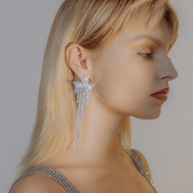 925 Sterling Silver Pin Zircon Pentagram Woman Tassel Earrings with Super Flash Water Drill French Ear Studs