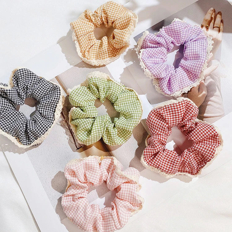 Korean Version Large 11CM Lace Plaid Hair Scrunchie Adjustable Female Hair Rope with Cute Ring for Girls