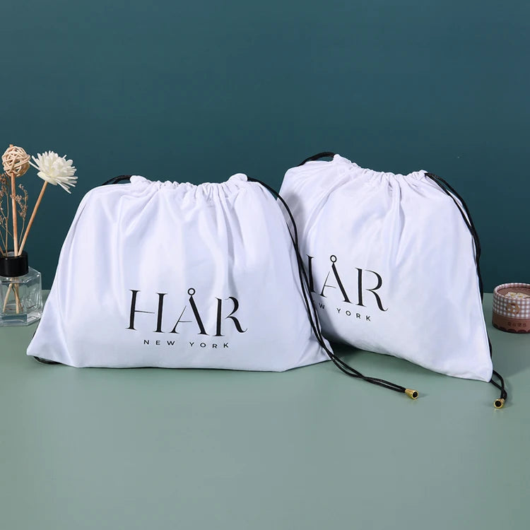 Hair Pouch for Wig Packaging Bags Black Satin Bundle Hair Bags Custom Printed Logo Drawstring Pouches