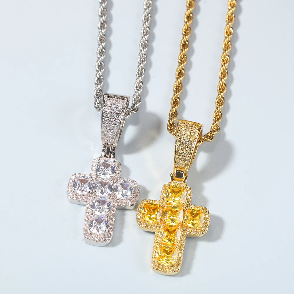 Top Icy Baguette AAA Zircon New Design Small Size Crystal Cross Pendant Jewelry Solid Micro Paved Cross Pendant Necklace Hip Hop