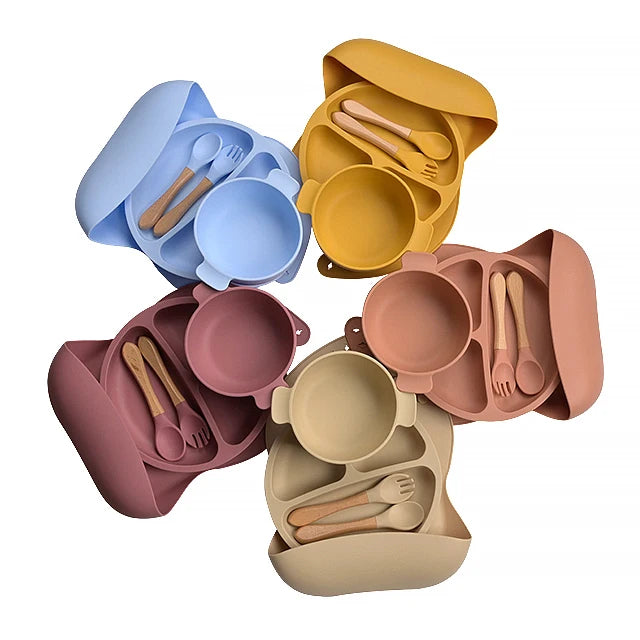 Custom Logo BPA Free Non Toxic Silicone Baby Feeding Set Toddler Tableware Kid Children Dinnerware Dish Utensil Led Weaning Set
