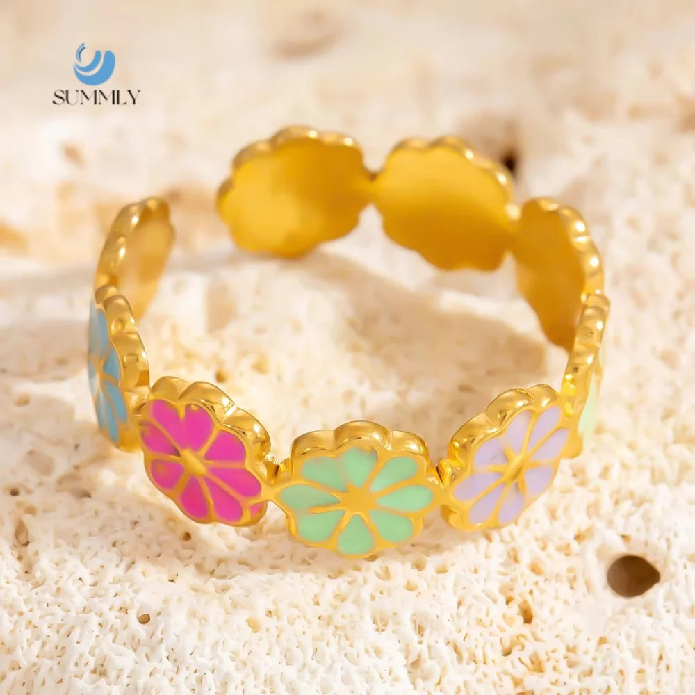 SUMMLY Trend Wholesale Creative Luxury Flower Shape 18K Gold Plated Stainless Steel Open Ring Fashion Jewelry