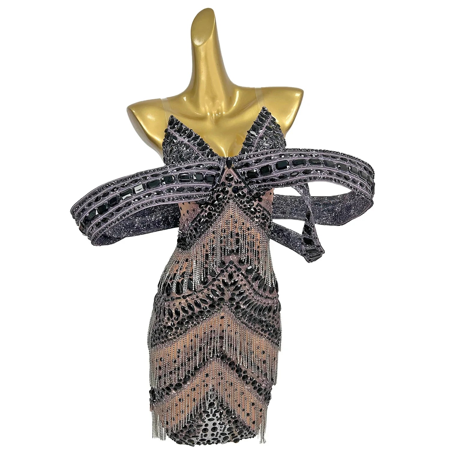 Luxury Deep V Tassel Diamond Dinner Cocktail Dress Stage Costume Club Birthday Sheath Dress Women Evening Gown Prom Party Dress