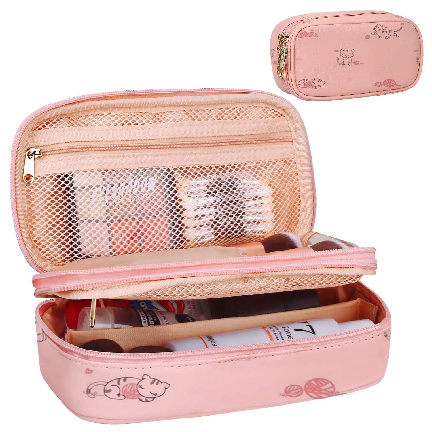 Makeup Bag Small Travel Cosmetic Bag for Women Girls Makeup Brushes Bag Portable 2 Layer Cosmetic Case With Brush Organizer