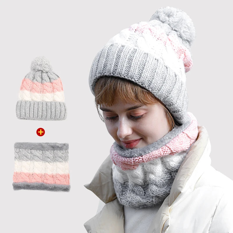 Custom Fleece Lining Cold protection Thermal Knitted Warm Winter Women Beanie Hat Scarf Set