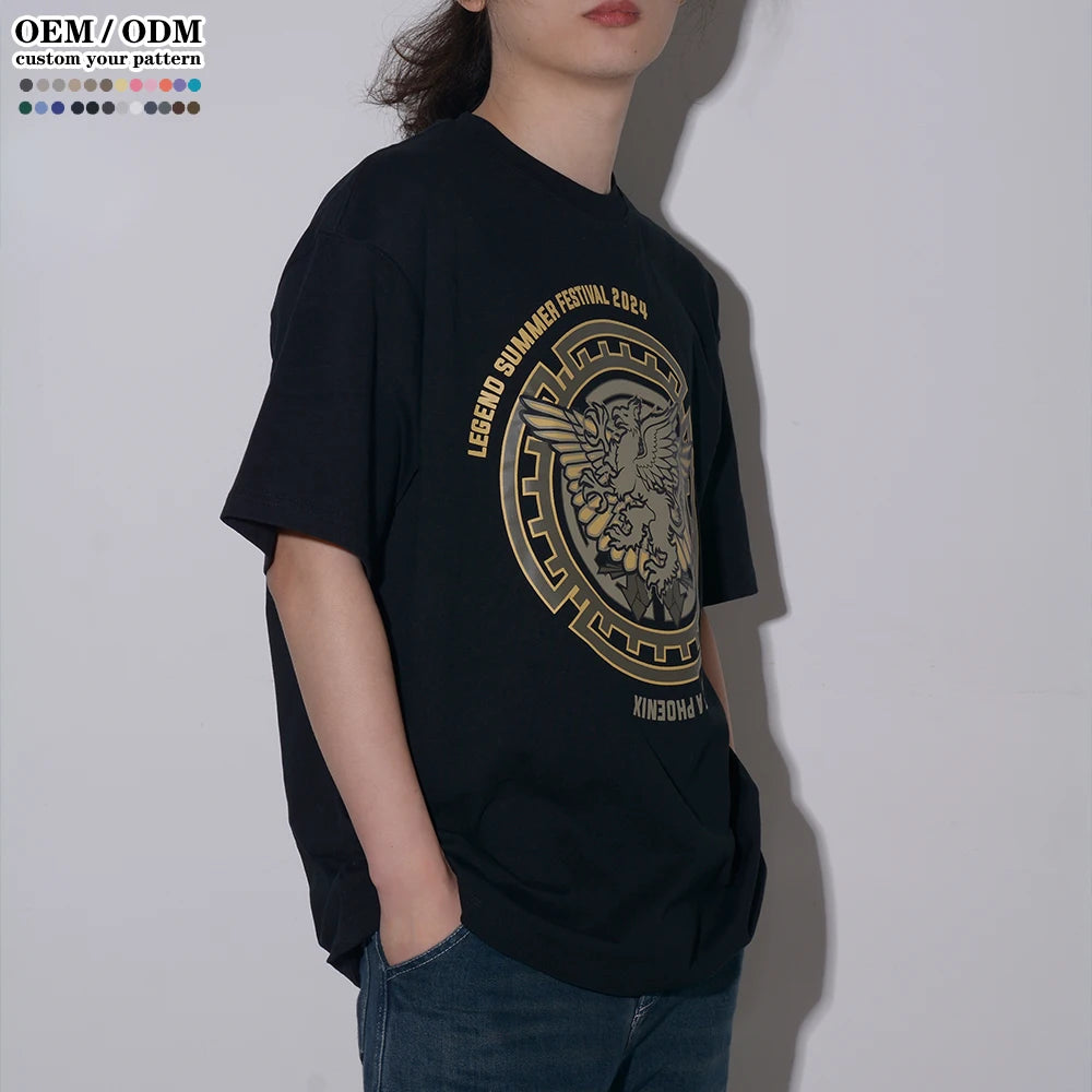 Custom logo Streetwear Silk Screen Printing T-shirt Printing Black Cotton Heavyweight Drop Shoulder Thick Blank Tshirt