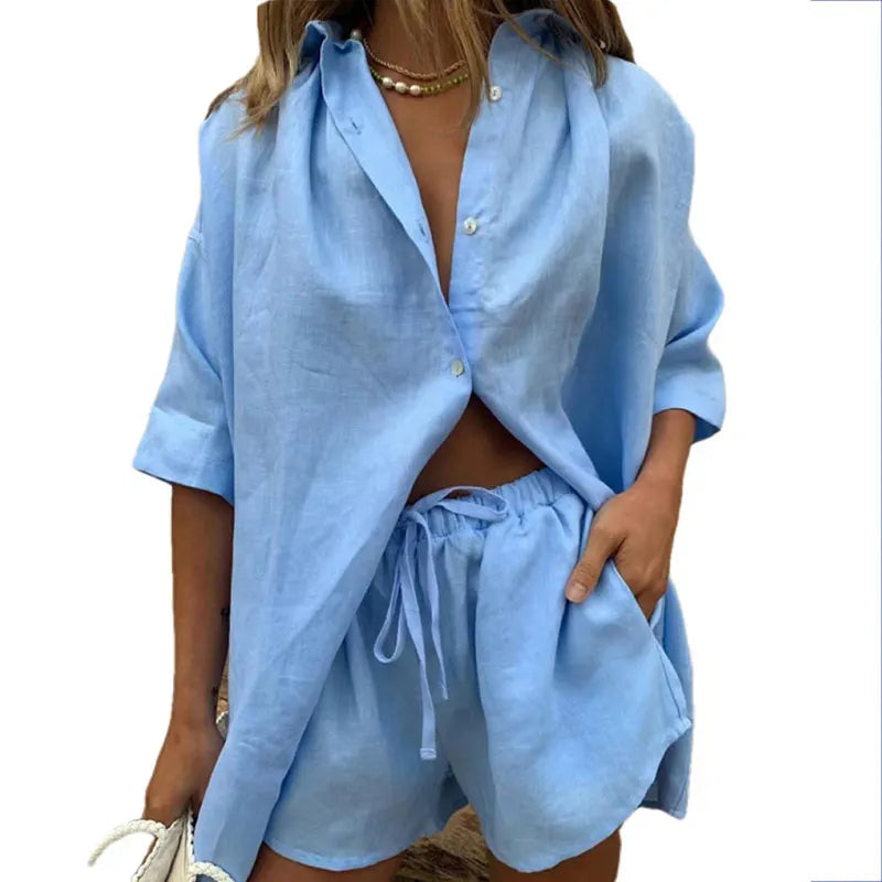 Wholesale Oem Custom High Quality Women Oversize Linen Shirt Short Sets Ladies Linen Shorts Two Piece  for Women 2023