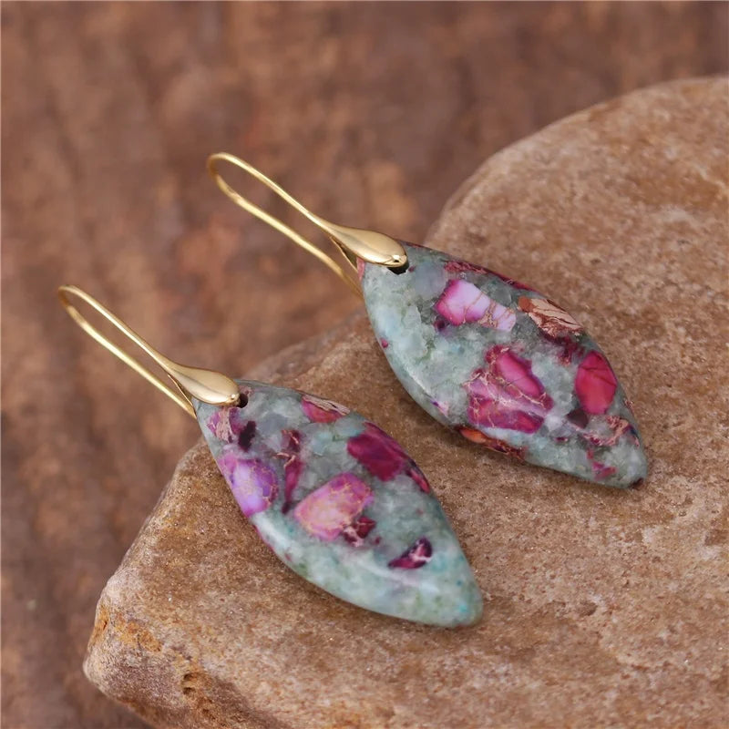 YueTong Modern Gemstone Geometric Jasper Dangle Gold Hook Earring for Women Fashion Boho Stone Drop Earrings Wholesale Jewelry