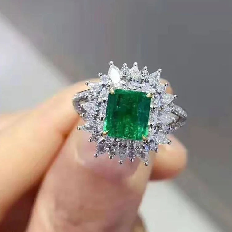 CAOSHI Custom Luxury Silver Plated Vintage Natural Emerald Gemstone Ring Bridal Zircon Chunky Finger Rings Woman Wedding Jewelry