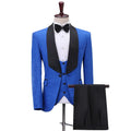 Classic Custom Made Prom Suit Wedding Men Tuxedo Floral Royal Blue Jacquard Black Tuxedo With Shawl Lapel 3 Piece Men Suits