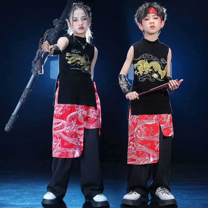 Chinese Style Street Dance Performance Costume National Fashion Black Vest Six - Children's Hiphop Hip Hop Jazz