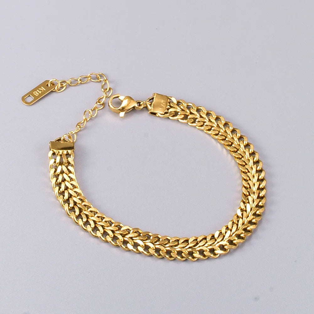 Retro Waterproof Stainless Steel Jewelry 18k Gold Plated Chunky Bracelet Punk Double Cuban Chain Bracelet YF3293