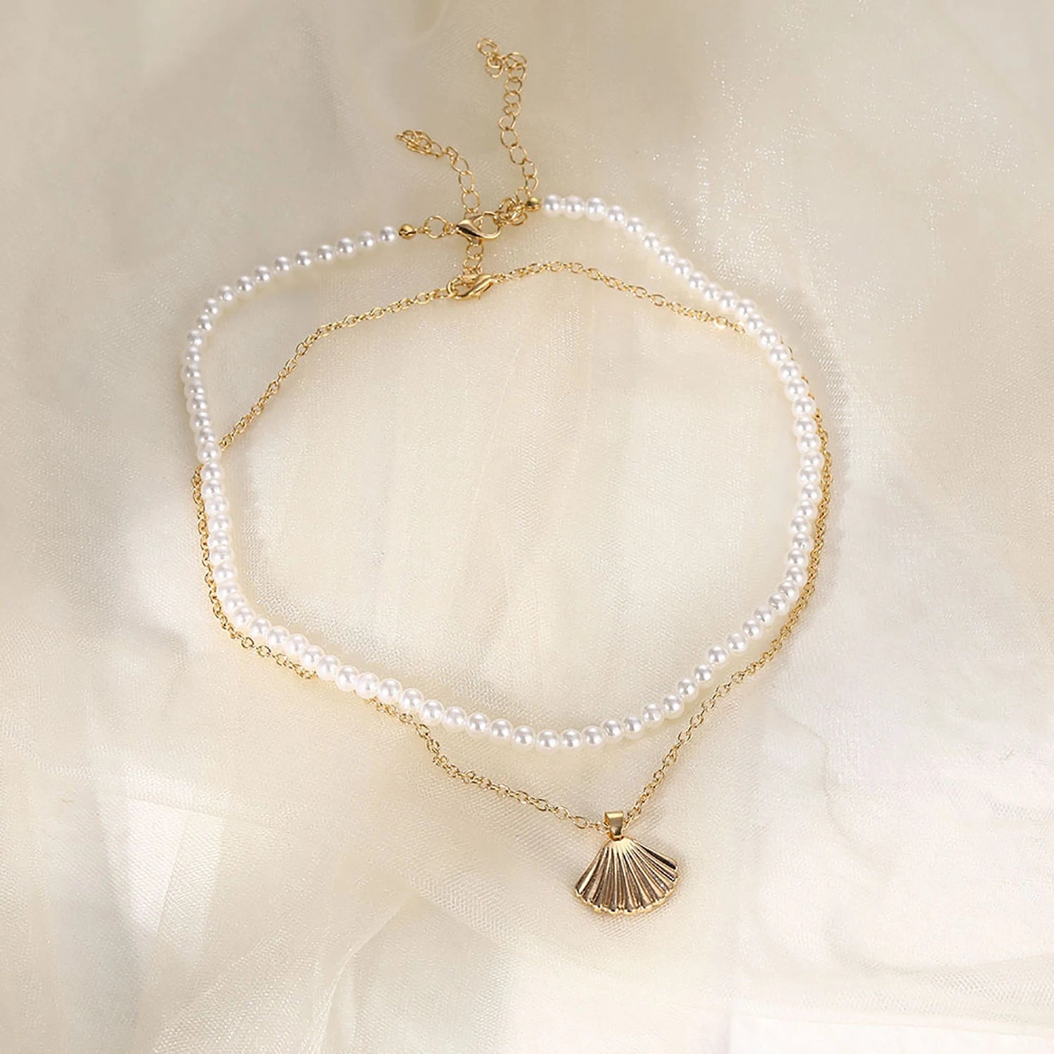 Double Layer Pearl Shell Choker Necklace for Women Bohemia Summer Vacation Beach Scallop Necklace for Ocean Girl's Jewelry