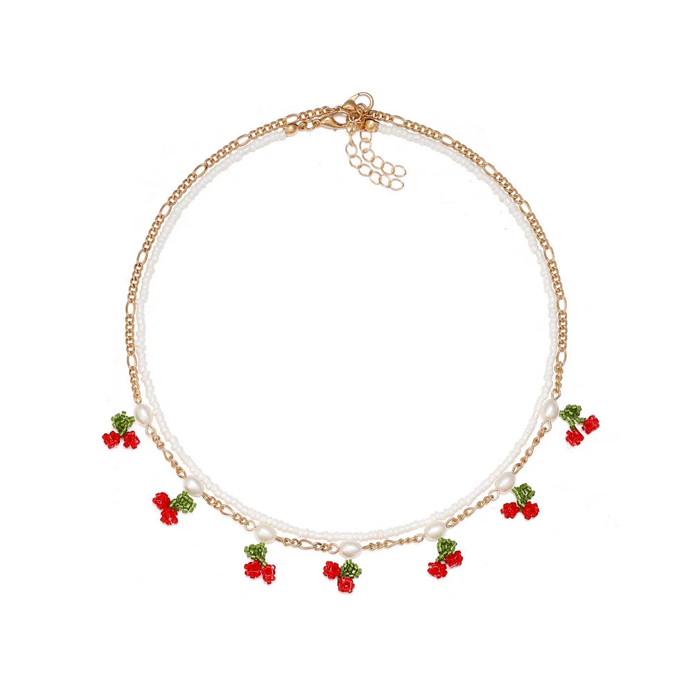 Multi-layer Seed Bead Fruit Cherry Necklace Short Pearl Necklace Wholesale