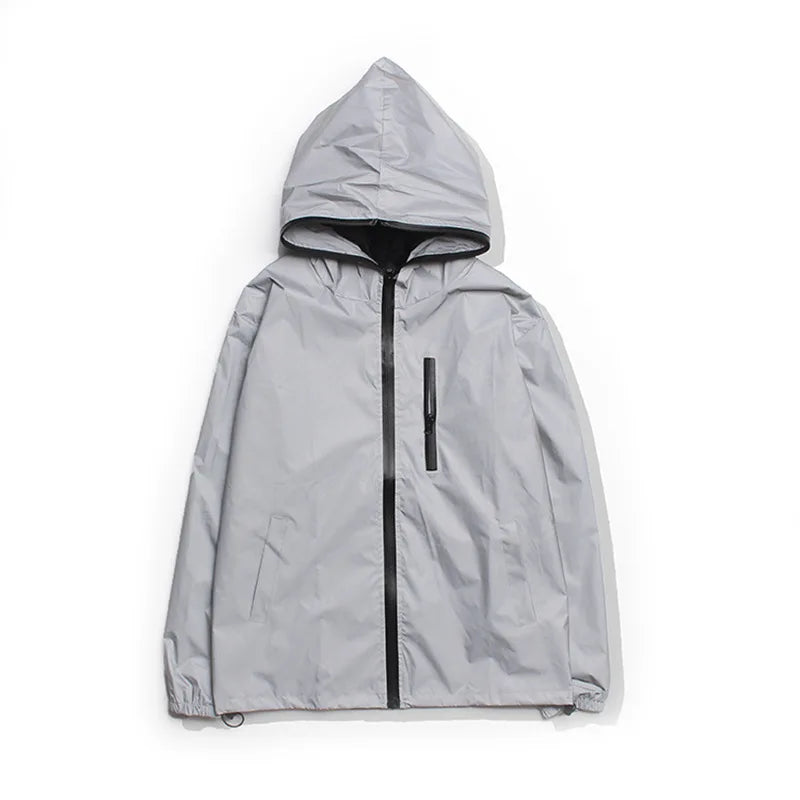 ALIKE Men's Reflective Canvas Spring Waterproof Windbreaker Hooded Zipper Sports Jacket