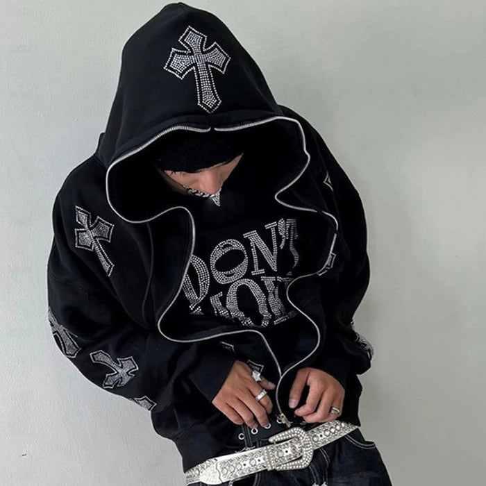 Manufacturers for Customs Hoodies Full Face Zip Hoodie Luxury Streetwear Regular Fit Rhinestone Zip up Hoodie
