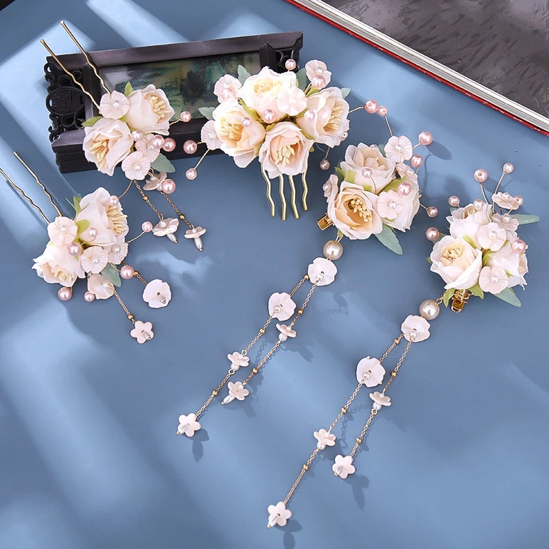 Handmade Spring New Bridal Headdress Beige Simulation Flower Hairpin Tassel Wedding Hair Accessories
