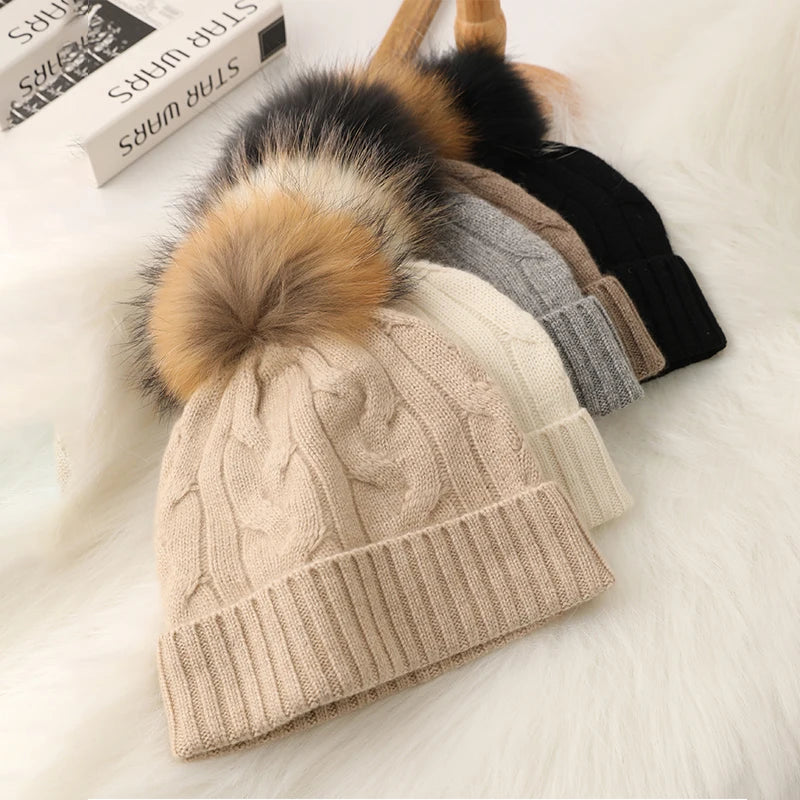 Winter Women Cable Knitting Cashmere  Beanie Hat With Real fox Fur Pom Pom