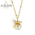 Ason New Simple Fashion Ladies Stainless Steel Bowknot Necklace 18k Gold Plated White Pearl Pendant Necklace