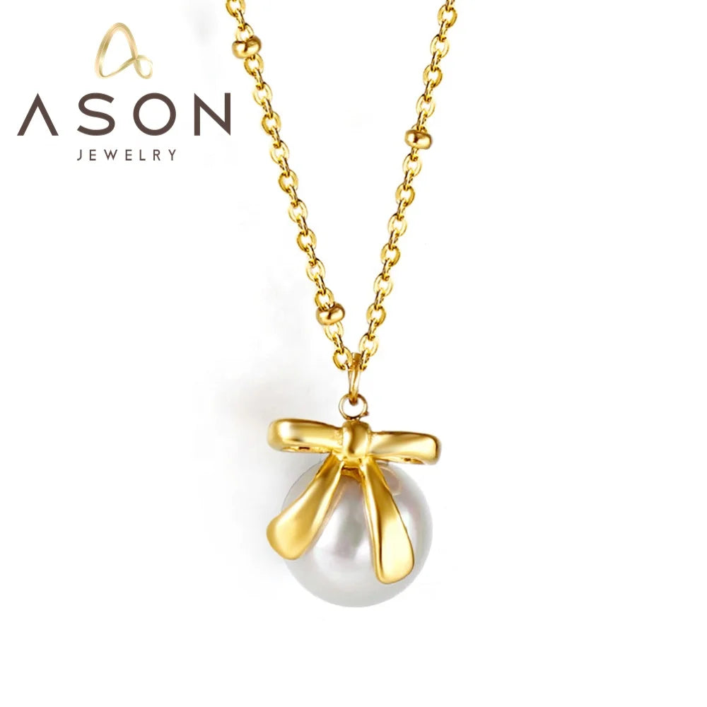 Ason New Simple Fashion Ladies Stainless Steel Bowknot Necklace 18k Gold Plated White Pearl Pendant Necklace