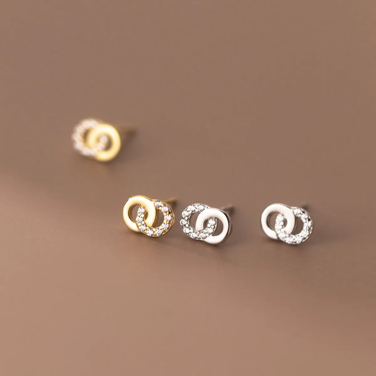 Fashion Jewelry 925 Sterling Silver Earrings Geometric Two Round Circles Diamond Zircon Gold Plated Stud Earrings Women
