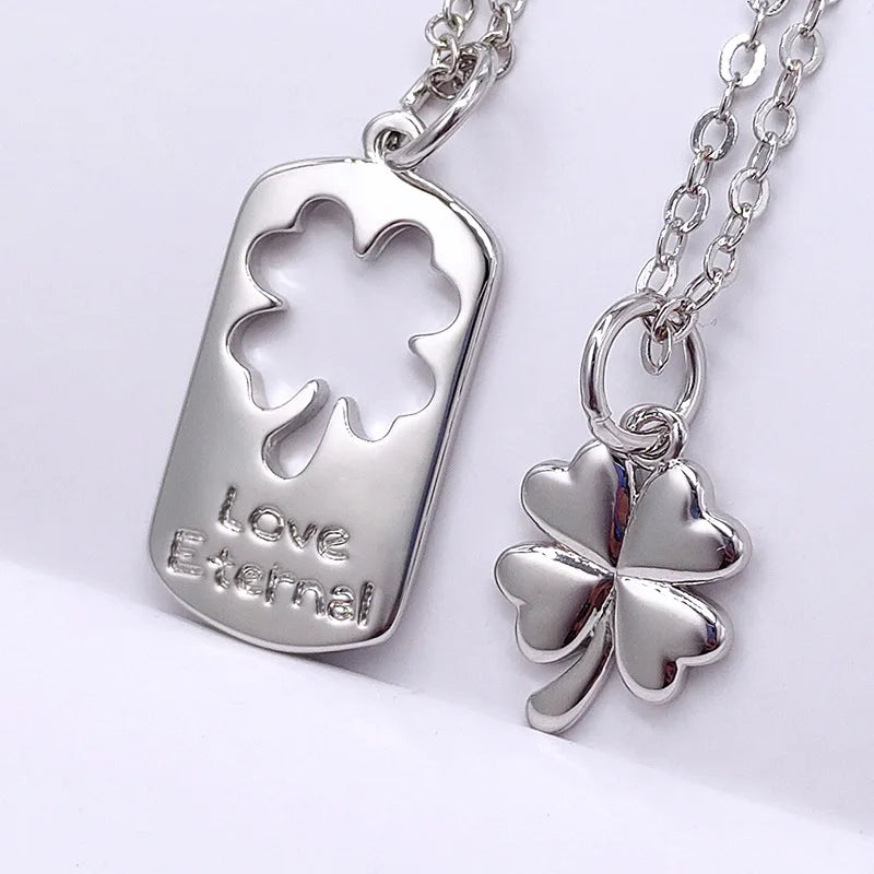 Never Fade Stainless Steel Pair Pendants for Couple Clover 4 Leaves Plant Charm Necklace Blank Puzzle Pendants Necklace for Coup