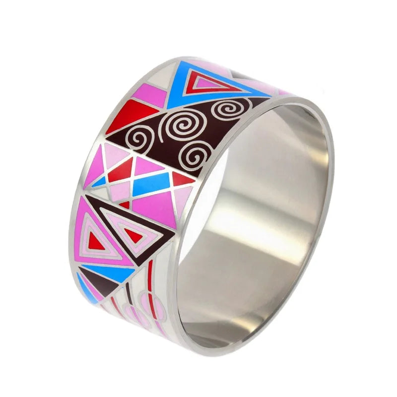 Bohemia Stainless Steel Enamel Wider Silver Bangle Bracelet for Women Jewelry Accessories Gift