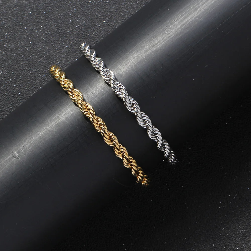 Hip Hop Couple Bracelets Silver Gold 5mm Stainless Steel Bracelet Statement Twist Chain Bracelet for Women Gift