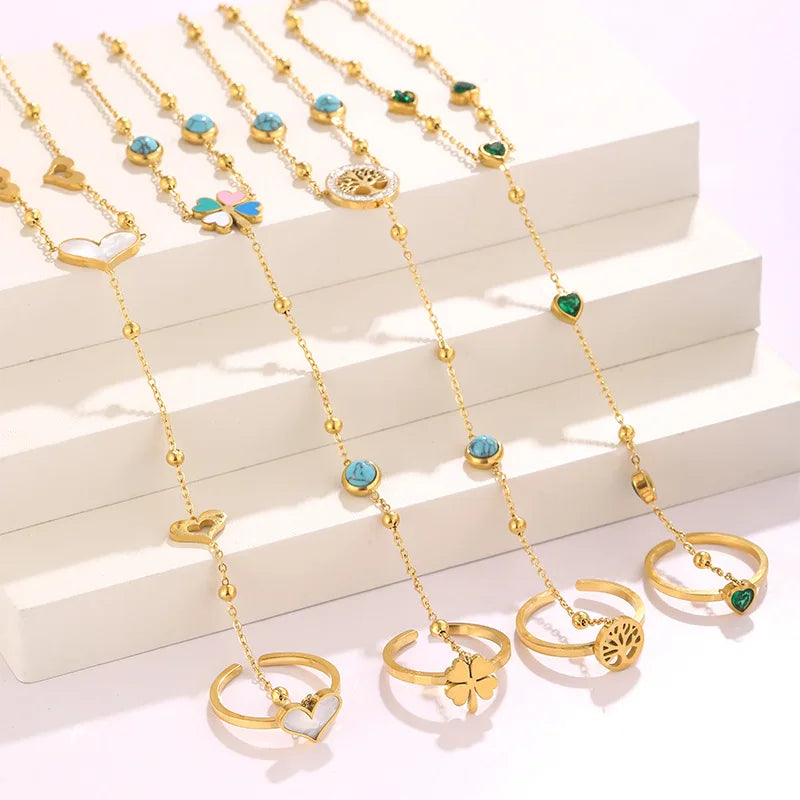 Simple Fashion Jewelry Accessories Stainless Steel Bracelet Turquoise Love Tree of Life Pendant Ring Hand Chain Ring Brace