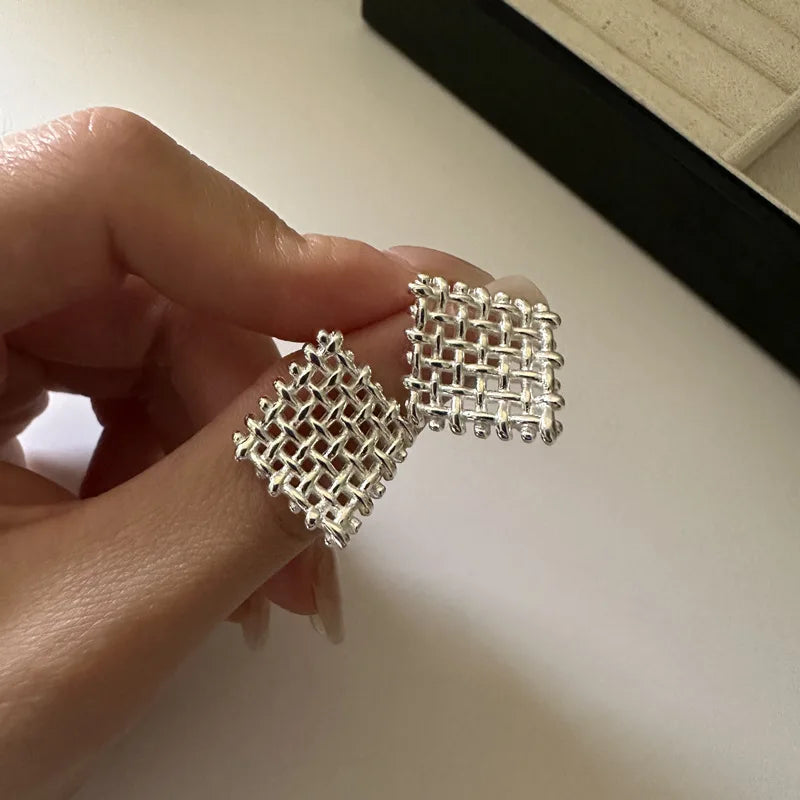 Vintage 925 Sterling Silver Geometric Hollow Net Luxury Stud Earrings for Women 2023 New