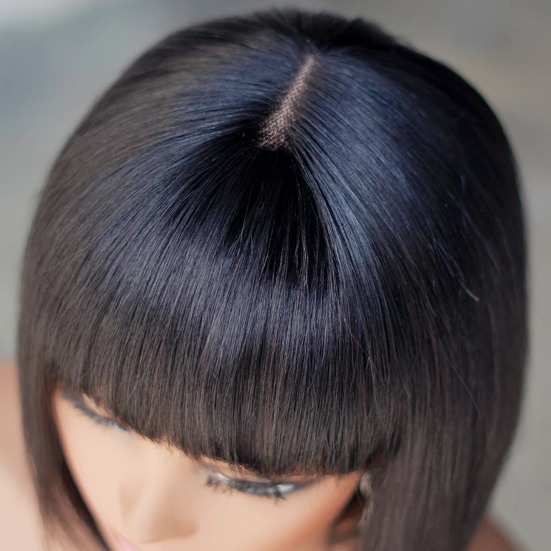 Brazilian Human Hair Short Bob Wigs with Full Bangs Light Brown Lace Machine Made for Black Women-1 Piece MOQ