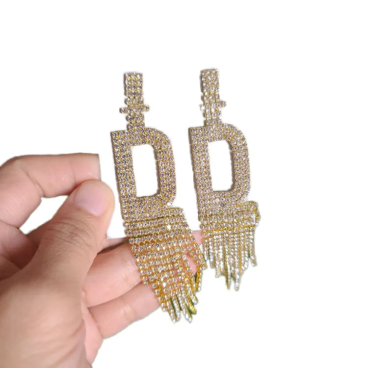 EM1307 Boho Holiday Jewelry Big Rhinestone Crystal Initial Earring Gold Large Letter Alphabet Tassel Stud Earrings for Women