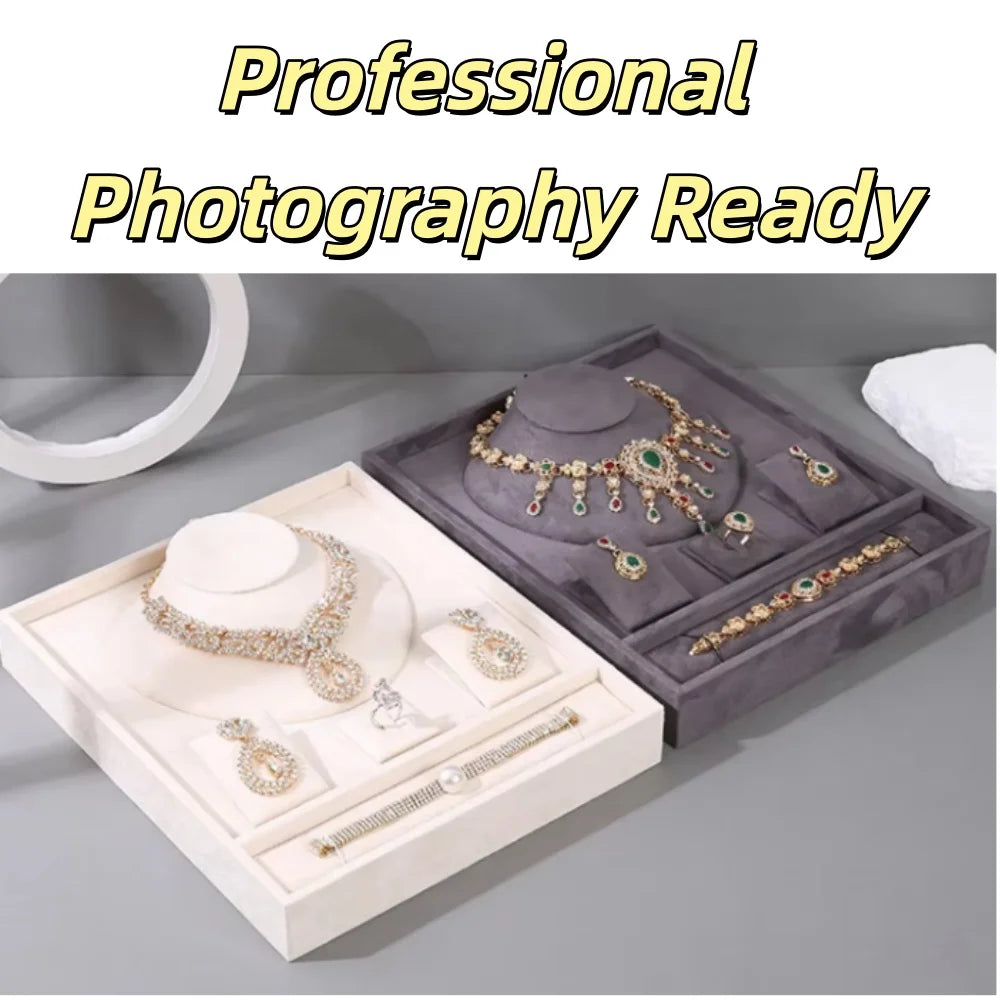 3D Charcoal Grey & Cream Velvet Jewelry Merchandising Tray Modular Necklace Bust Earring Display Showroom Props Set