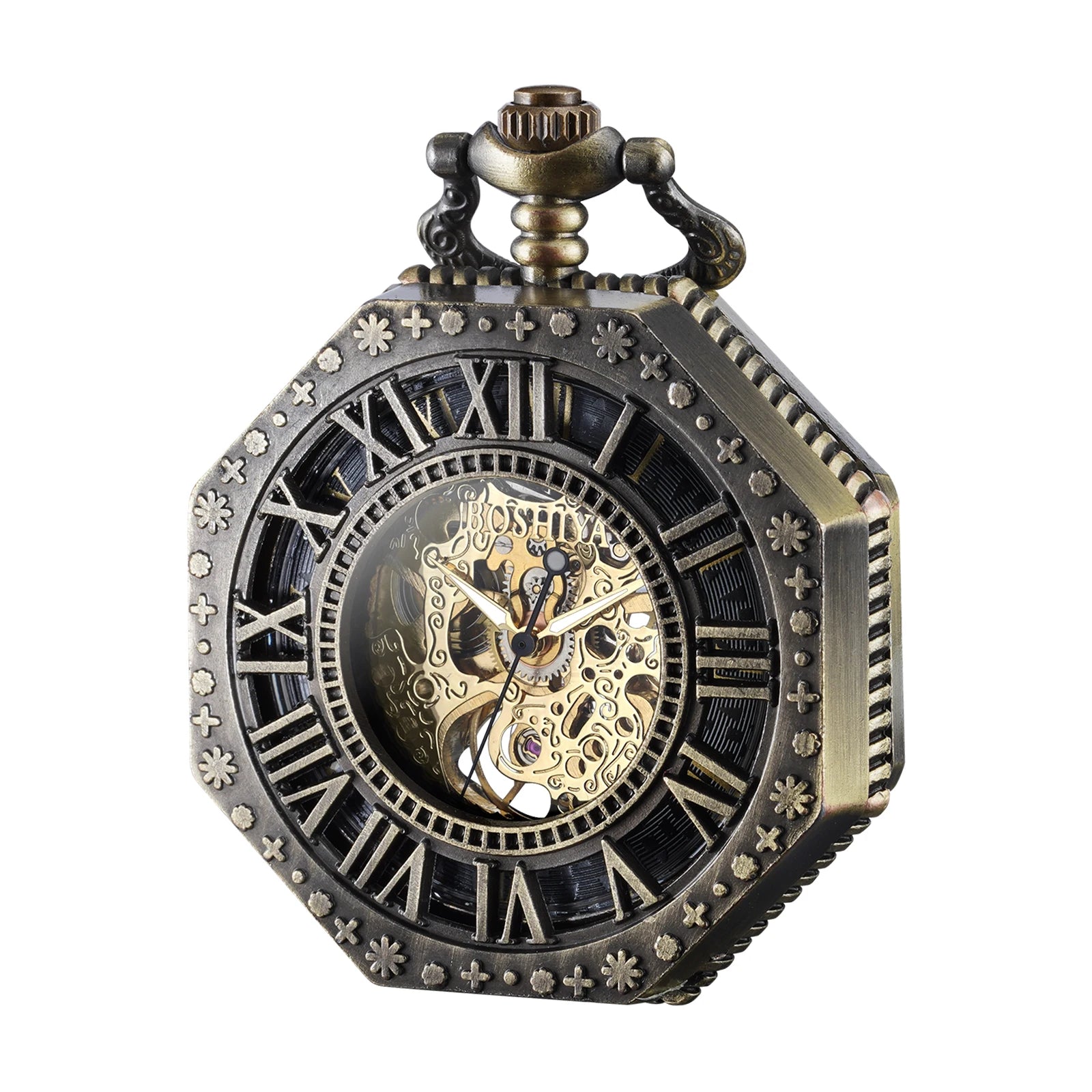 BOSHIYA Vintage Roman Numerals Hand Winding Dial Antique Bronze/Black/Silver/Red Copper Octagon Mechanical Skeleton Pocket Watch