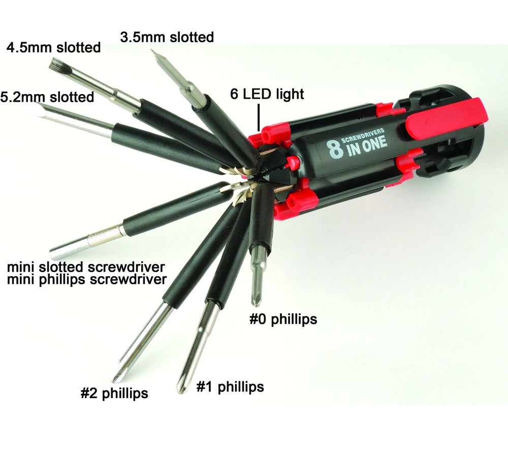 Innovative Gift Accessories Useful Gadgets GM Custom Logo 8 in 1 LED Carbon Steel & ABS Multifunctional Screwdriver Tools