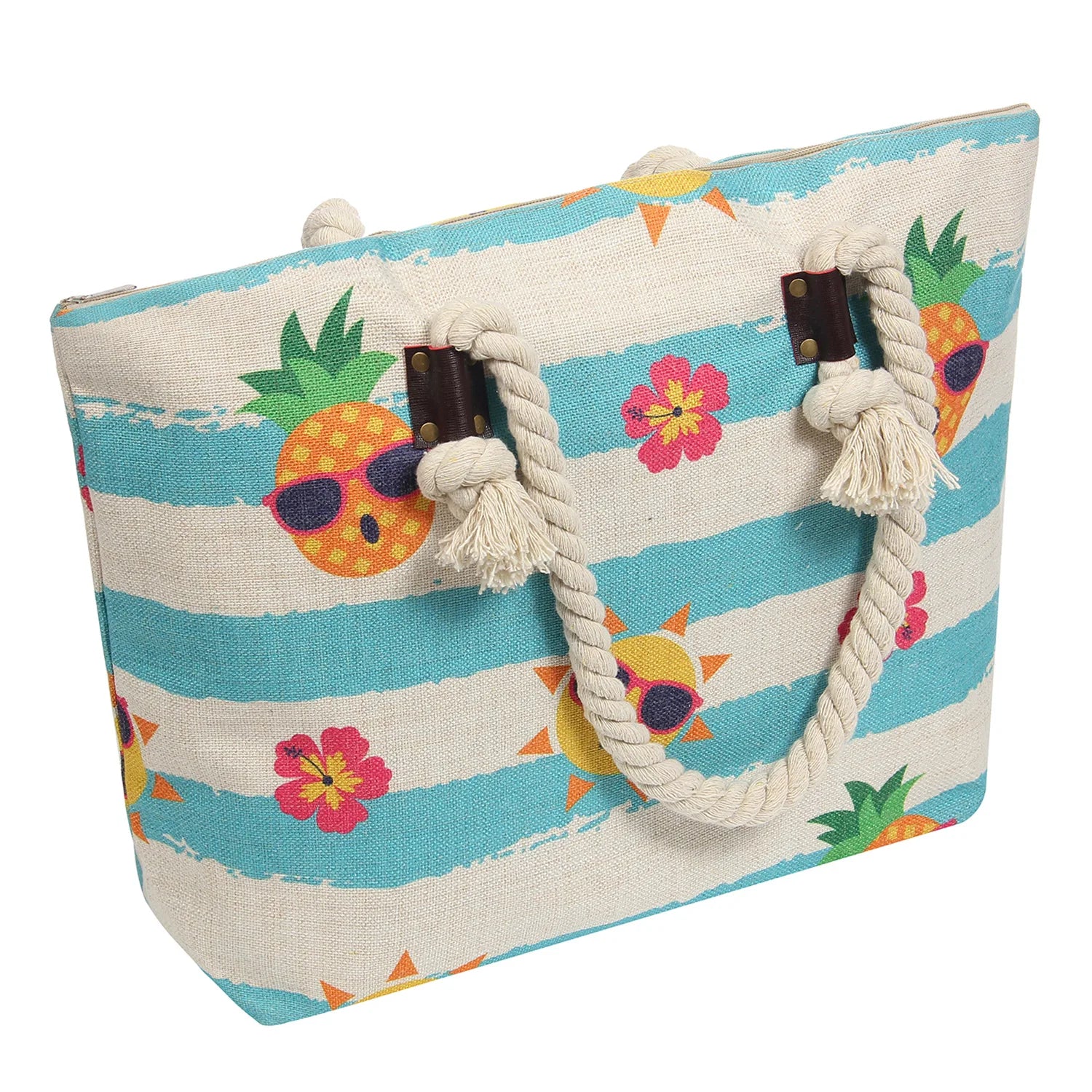 Large Canvas Striped Beach Bag With Zipper Top Closure Waterproof Lining Tote Shoulder Bag for Gym Beach Travel