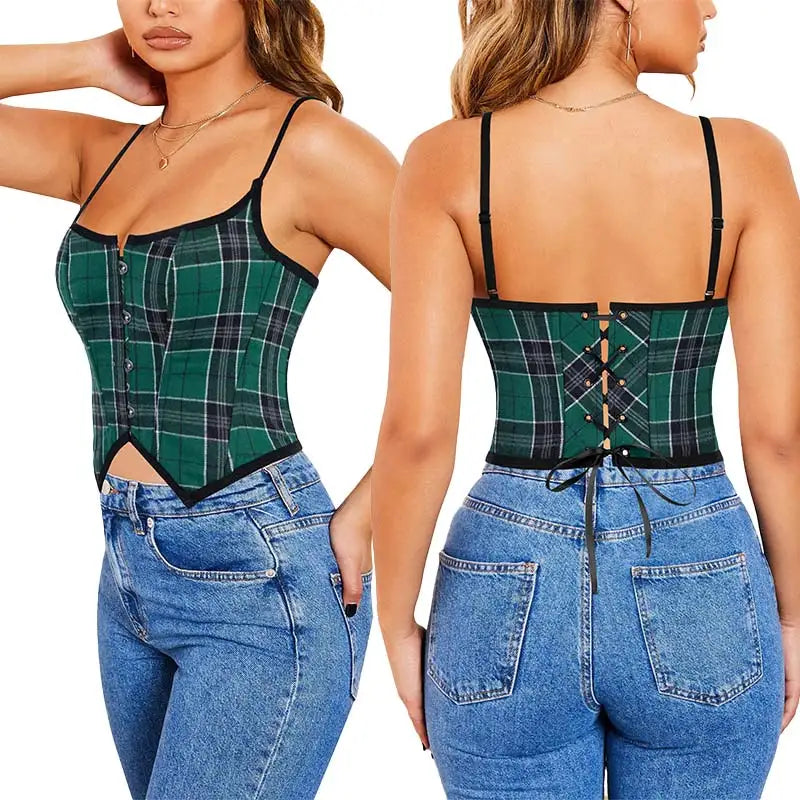Wholesale Trendy Tie-Up Bustier Crop Top Female Plaid Corset Spaghetti Straps Backless Haut Corset Top De Mujer