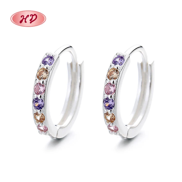 Jewelry Round Colorful Gloss Cubic Zirconia Huggies Earrings Dainty Sterling Silver Vintage Hoop Earings for Women