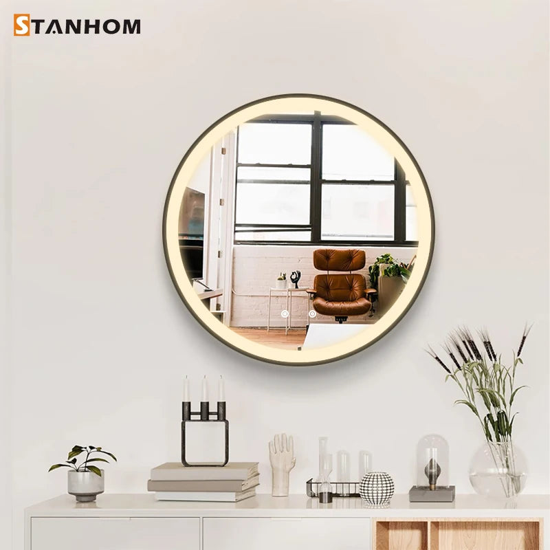 STANHOM Luxury Round Wall Bathroom Salon Decoration Framed LED Mirror