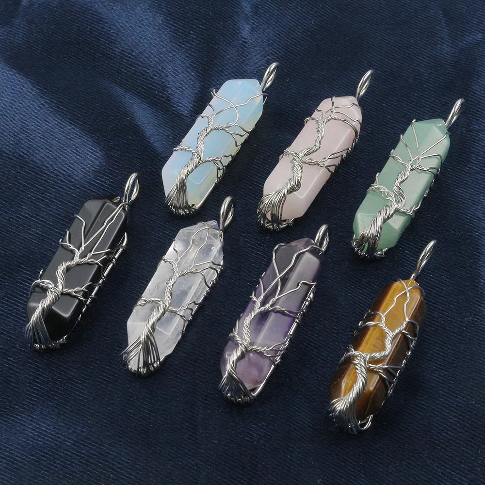 Wholesale Crystal Natural Stone Wire Wrapped Tree of Life Quartz Pendant Necklace Healing Gemstone Necklace Pendants Jewelry